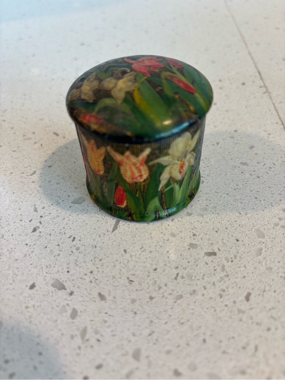 Floral Painted Round Trinket Box - Green